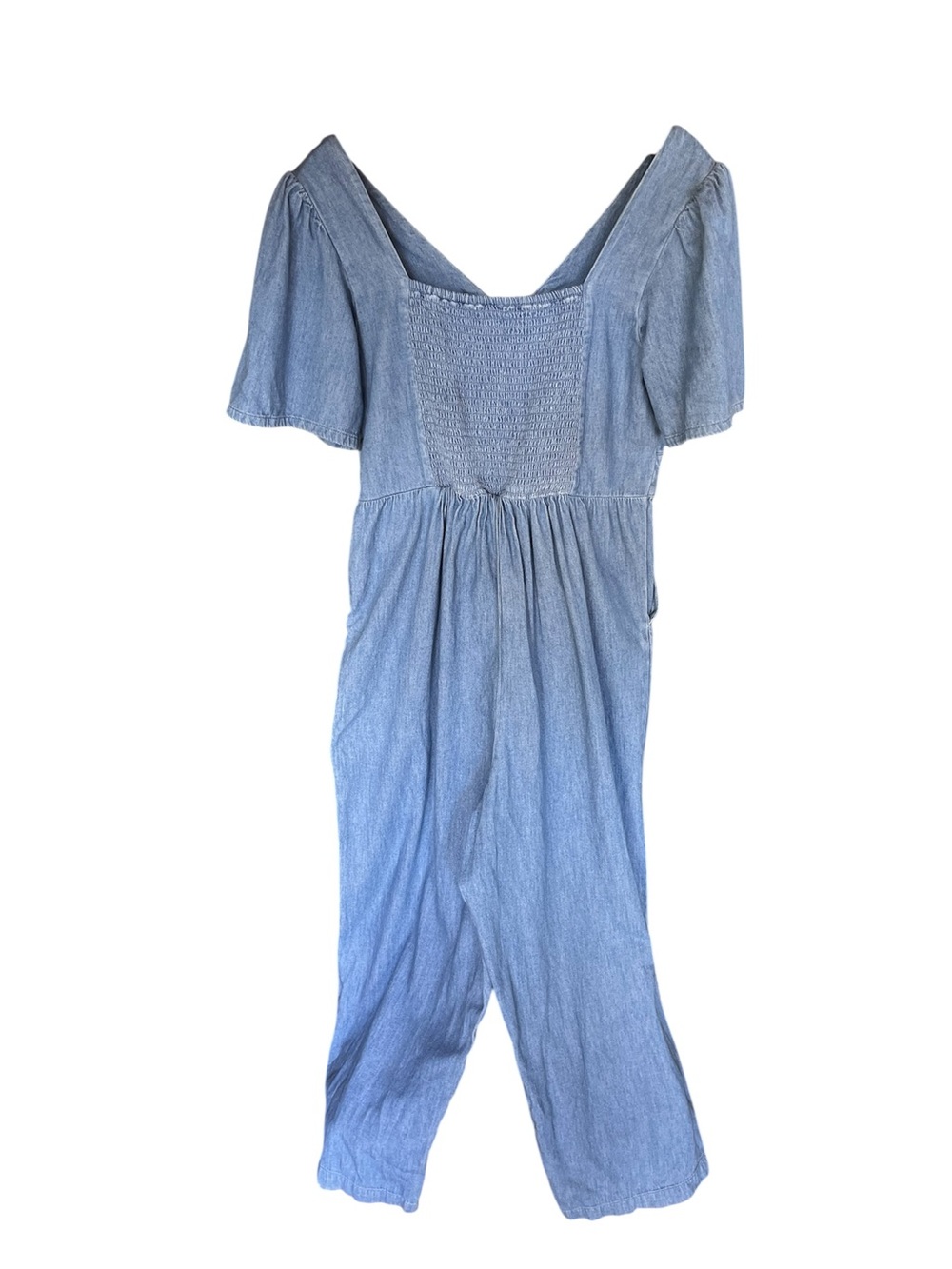 Old Navy Waist-Defined Smocked Denim Jumpsuit Chambray Large - Picture 8 of 14